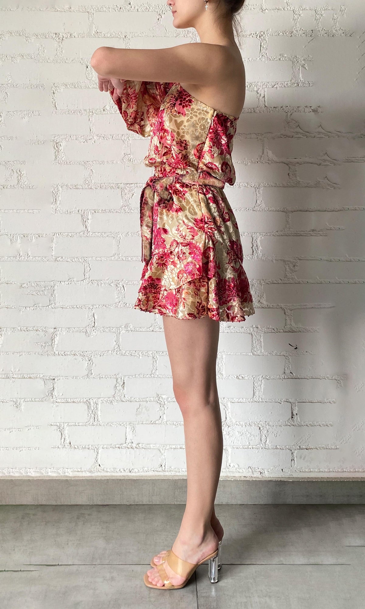 Hemant And Nandita | Aafa Velvet Brasso Short Dress With Belt | Red/Beige