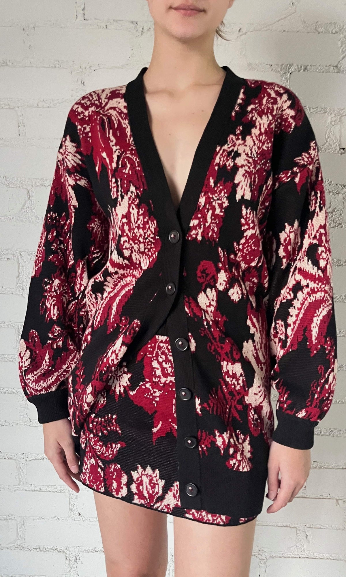 Womens | Aafa Jacquard Cotton Cardigan | Burgundy Floral