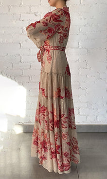 Womens | Aafa Viscose Georgette Stripe Lurex Long Shirt Dress With Tie Up Belt And Slip | Red Beige