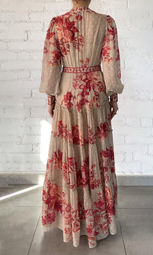 Hemant And Nandita | Aafa Viscose Georgette Stripe Lurex Long Shirt Dress With Tie Up Belt And Slip | FA24 | Red Beige