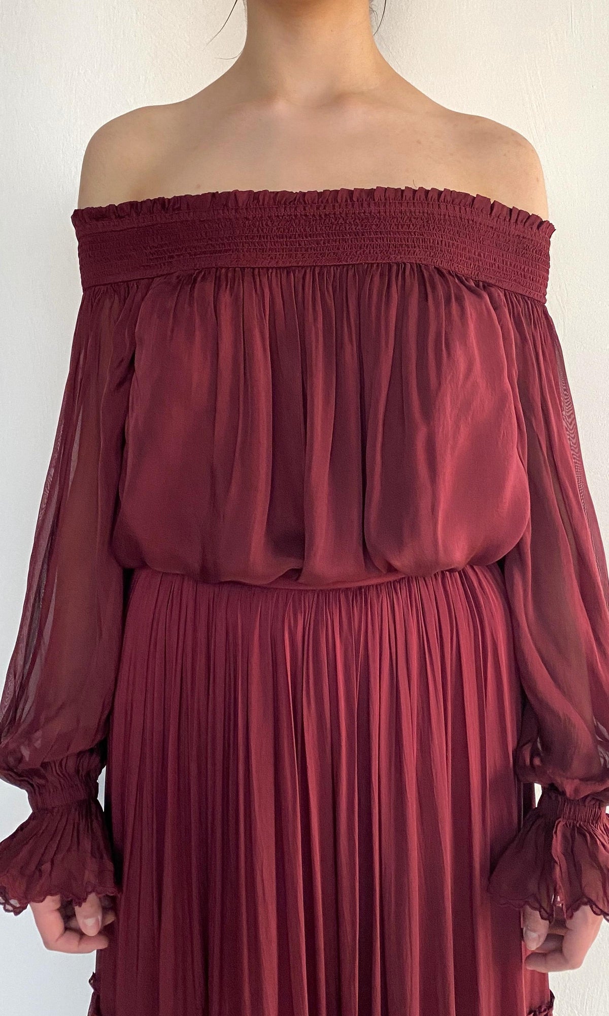Hemant And Nandita | Aayu Viscose Flat Chiffon Smocked Detailed Off Shoudler Top | Burgundy