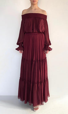 Hemant And Nandita | Aayu Viscose Flat Chiffon Smocked Detailed Off Shoudler Top | Burgundy