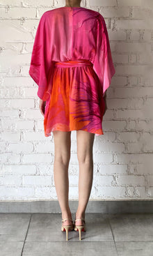 Womens | Abira Viscose Crepe Flat Chiffon Short Kaftan With Belt | Pink