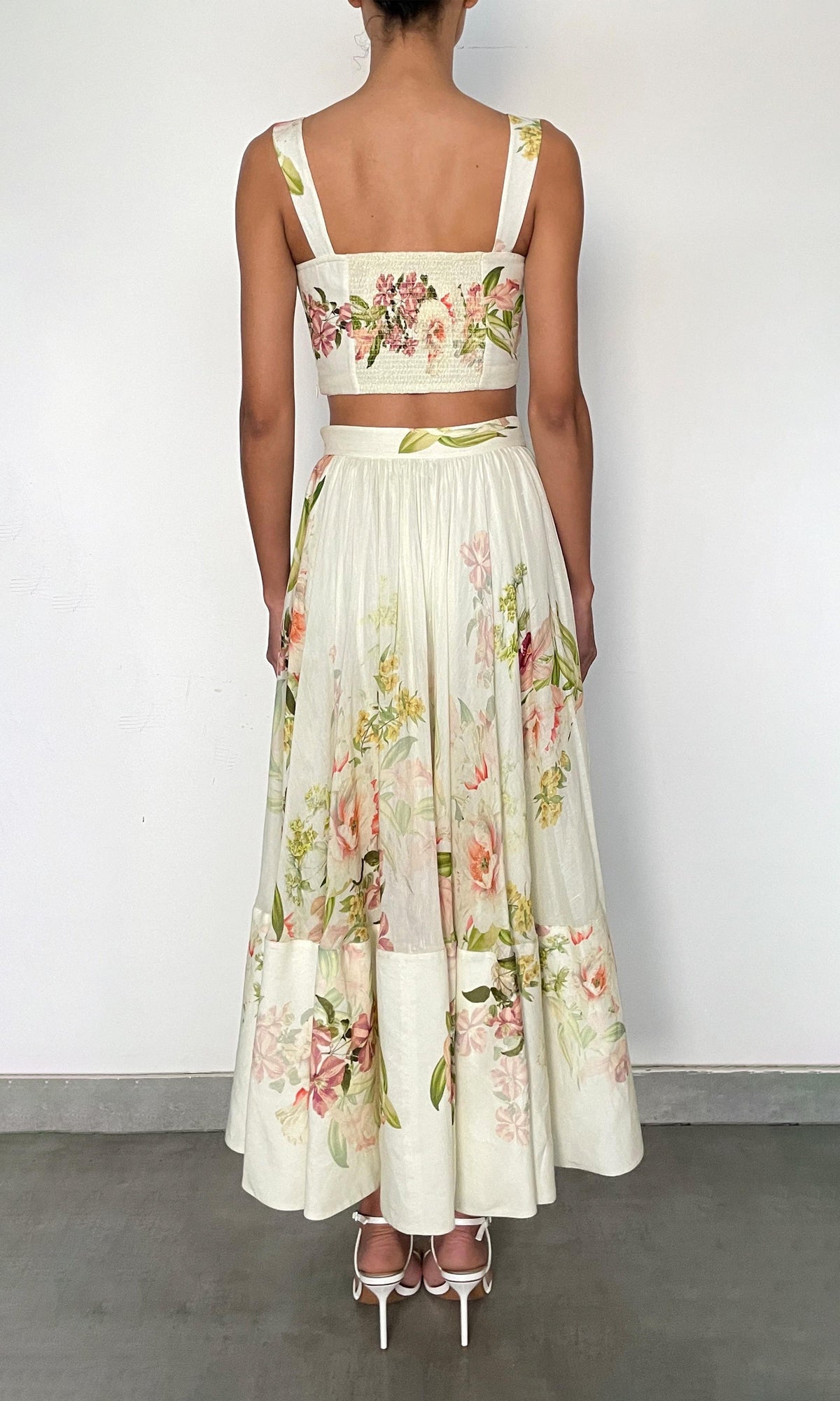 Hemant And Nandita | Aiva Viscose Organza Linen Midi Skirt | Ivory Floral
