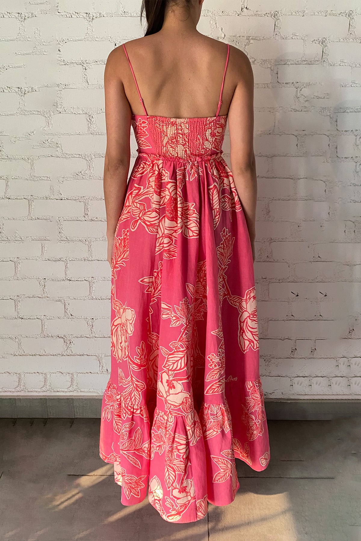 Linen Cotton Long Dress | Pink Floral