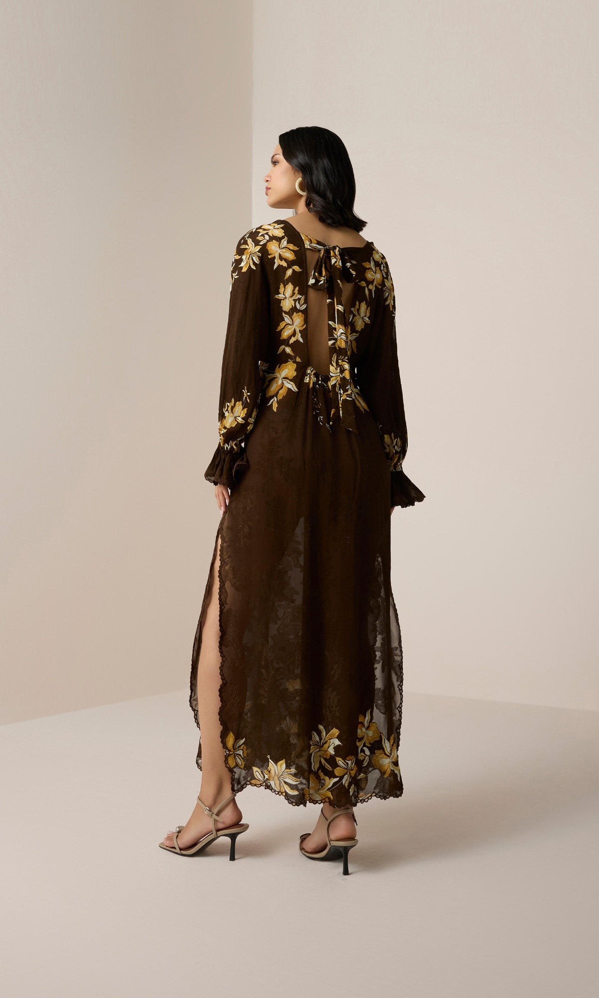 Womens | Bota Viscose Flower Jacquard Maxi Kaftan With Printed Slip | Brown