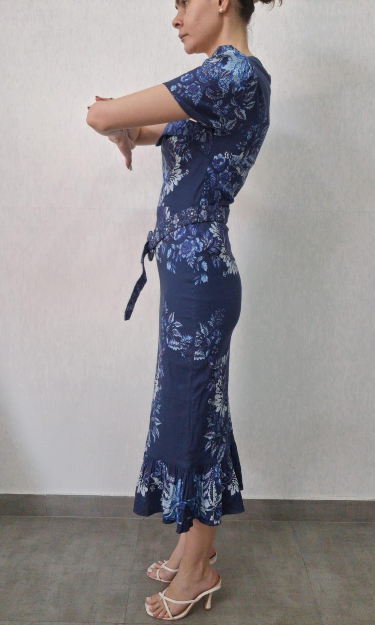 Hemant And Nandita | Inv Cotton Lilen Long Dress | Blue Multi