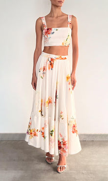 Womens | Inv Viscose Organza Linen Midi Skirt | Ivory Floral