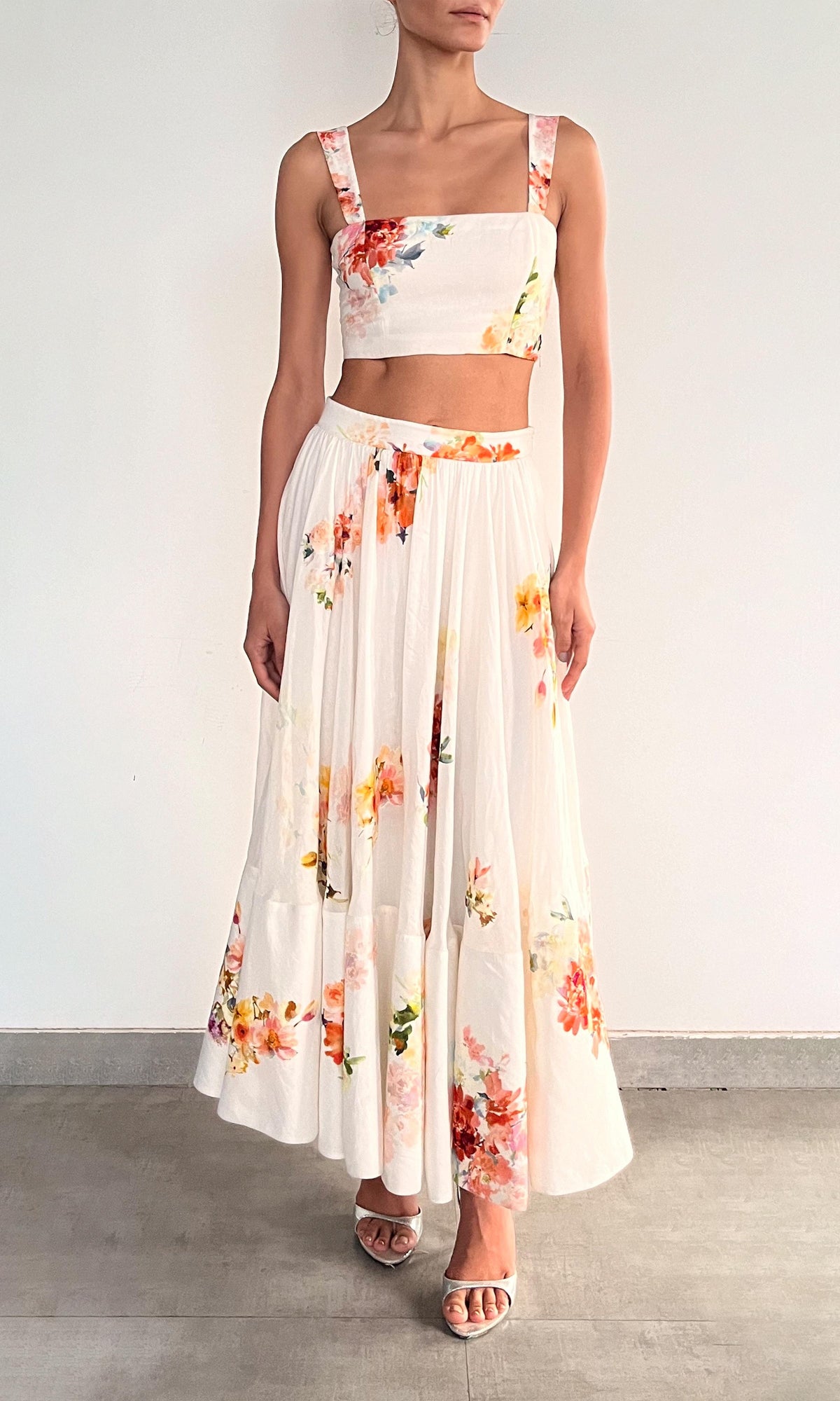 Womens | Inv Viscose Organza Linen Midi Skirt | Ivory Floral