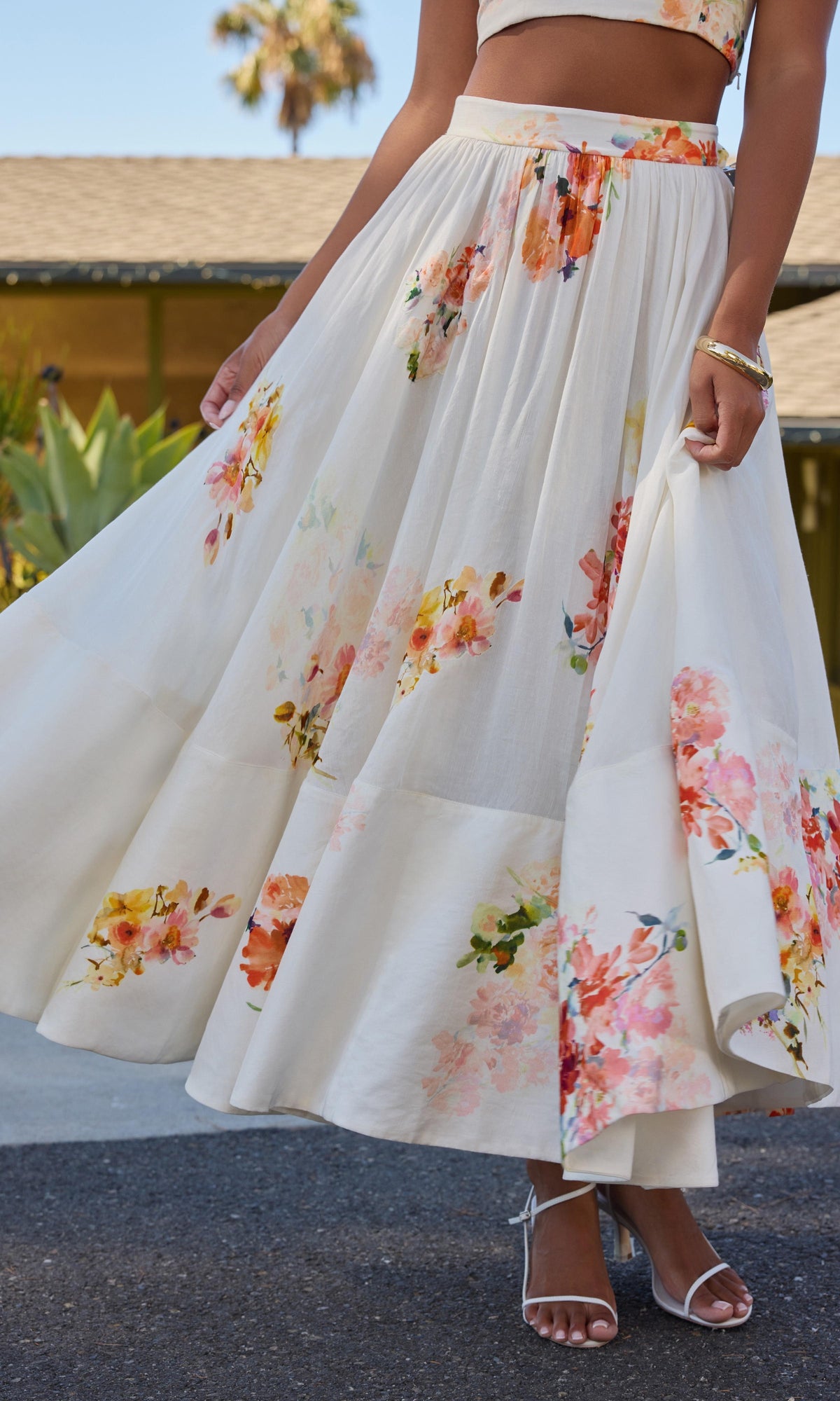 Womens | Inv Viscose Organza Linen Midi Skirt | Ivory Floral