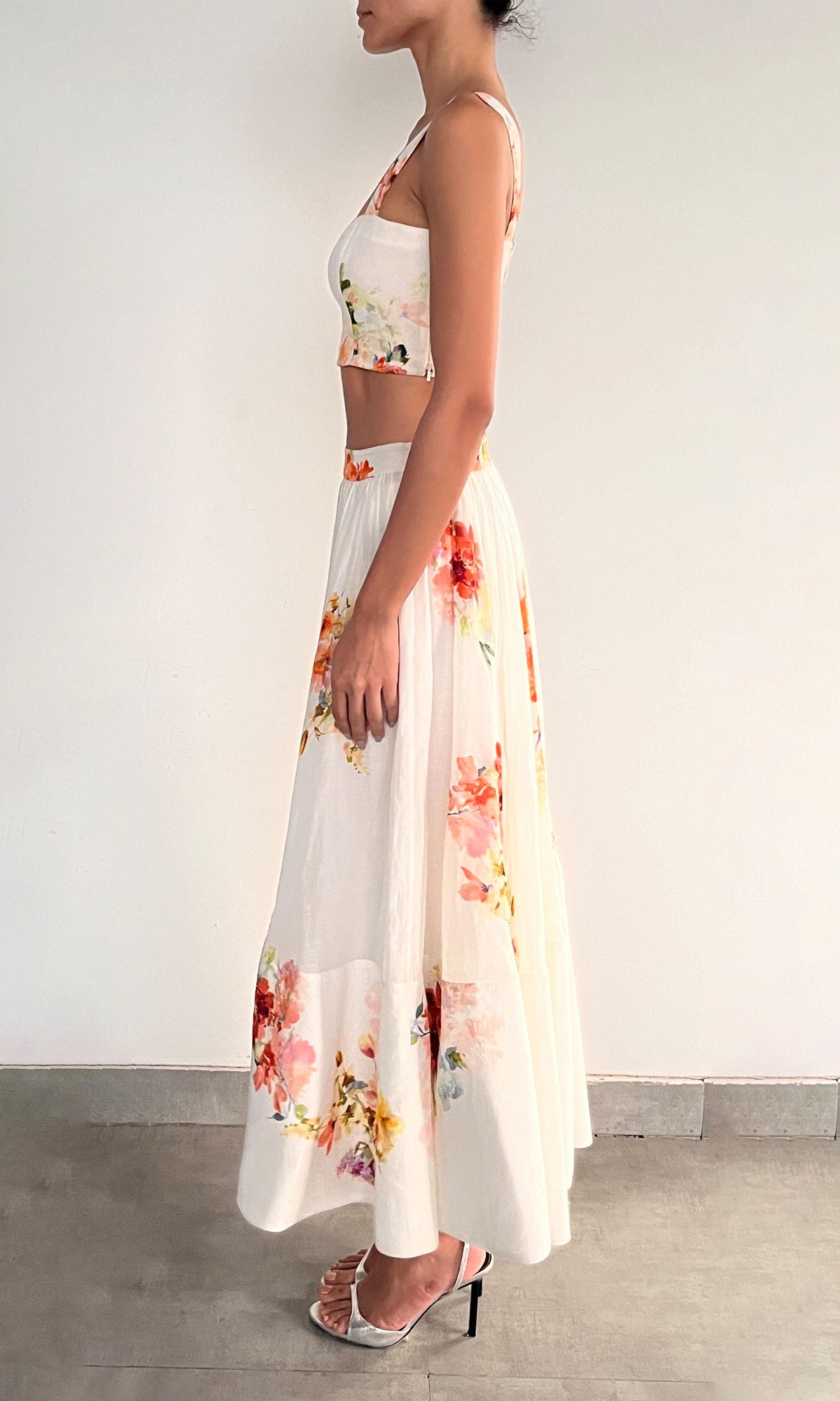 Womens | Inv Viscose Organza Linen Midi Skirt | Ivory Floral