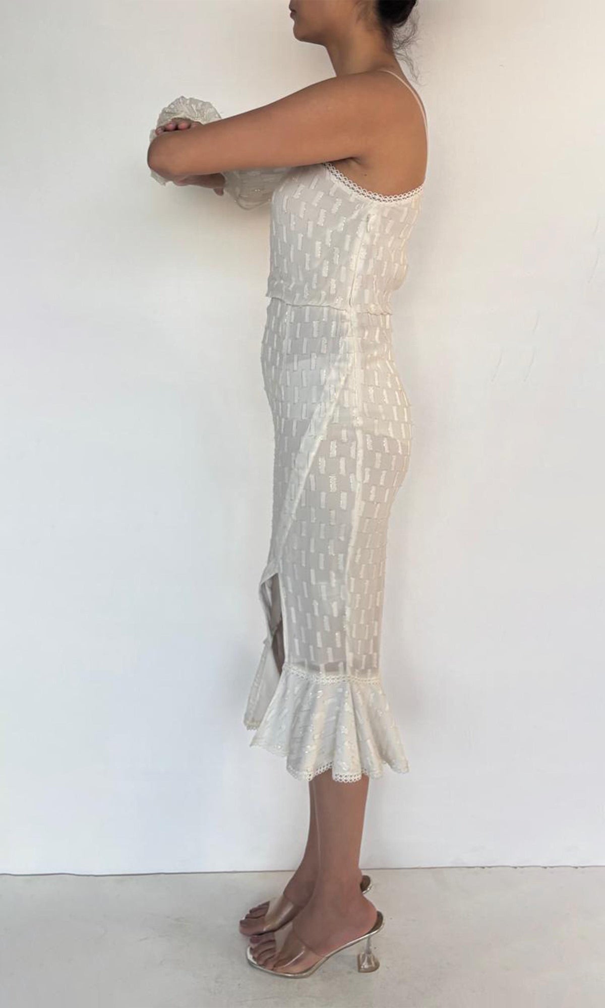 Hemant And Nandita | Inv Viscose Georgette Lurex Midi Dress | Wht605In25-White