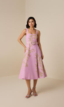 Hemant And Nandita | Jiah Linen Cotton Midi Dress With Buckle Belt | Lilac