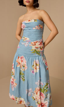 Womens | Kavi Linen Cotton Ruched Midi Dress | Pink Blue Multi