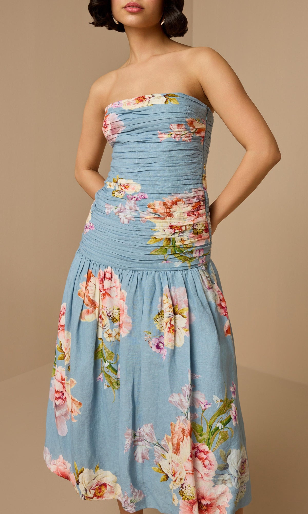 Womens | Kavi Linen Cotton Ruched Midi Dress | Pink Blue Multi