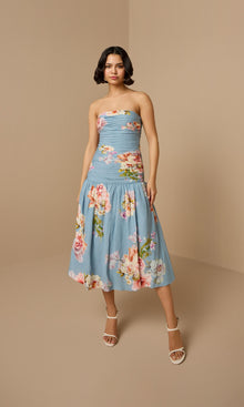 Womens | Kavi Linen Cotton Ruched Midi Dress | Pink Blue Multi