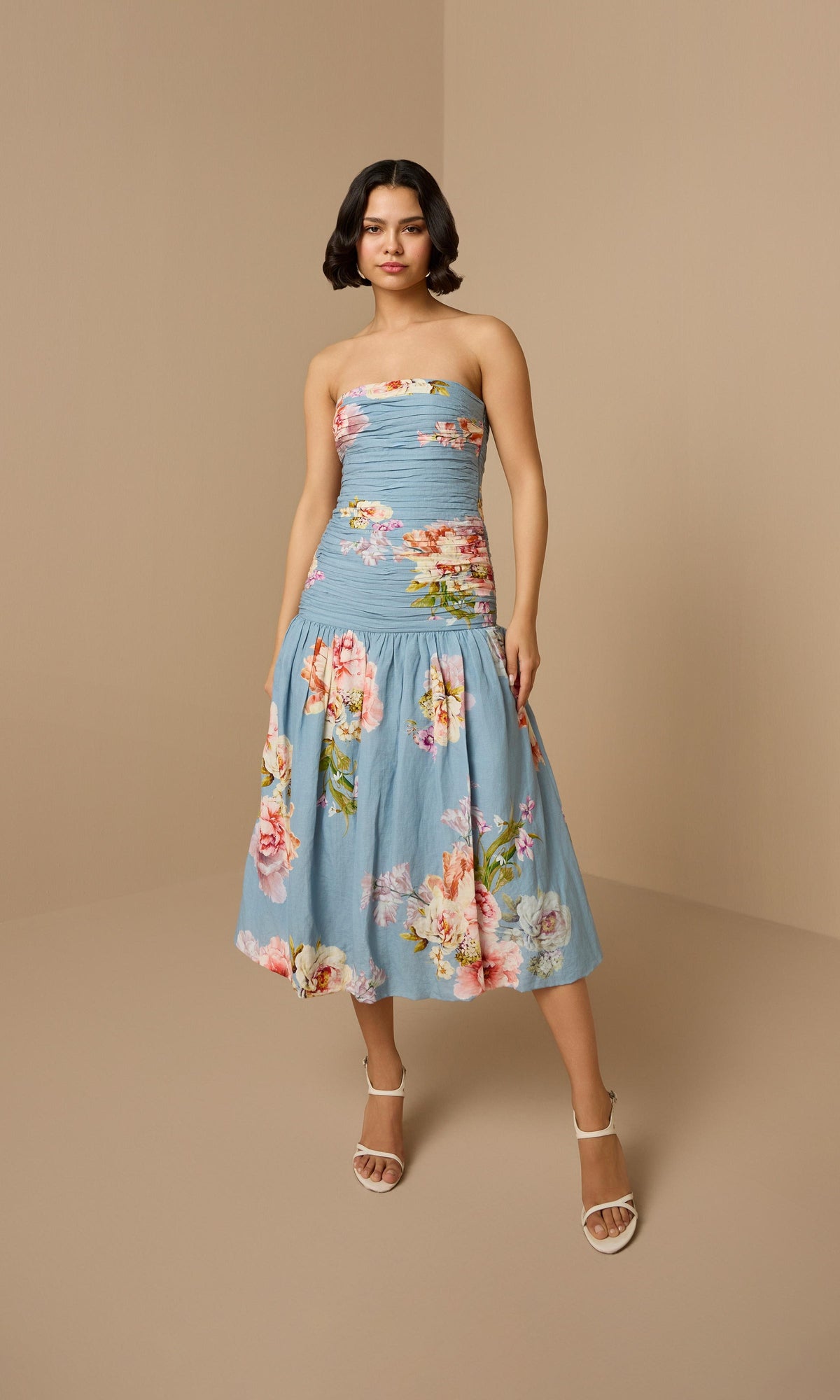 Womens | Kavi Linen Cotton Ruched Midi Dress | Pink Blue Multi