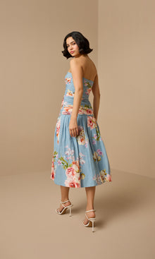 Womens | Kavi Linen Cotton Ruched Midi Dress | Pink Blue Multi