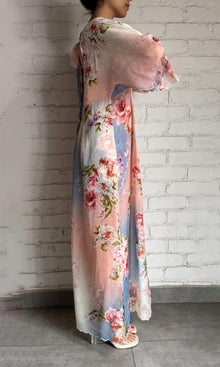 Womens | Kavi Georgette Jacquard Kaftan | Blue/Pink Floral