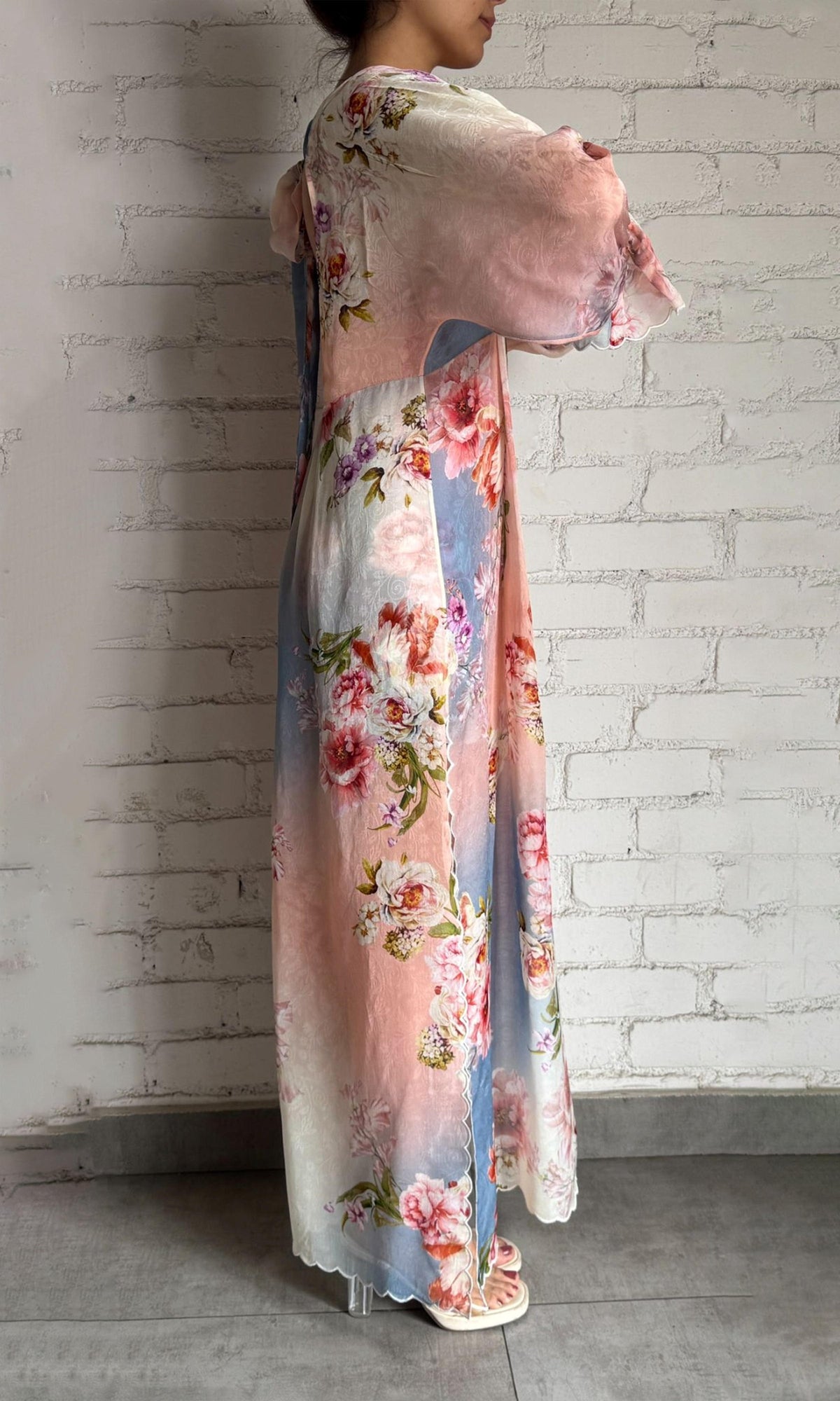 Womens | Kavi Georgette Jacquard Kaftan | Blue/Pink Floral
