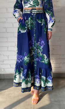 Hemant And Nandita | Keva Linen Cotton Long Skirt With Buckle Belt | Green Blue