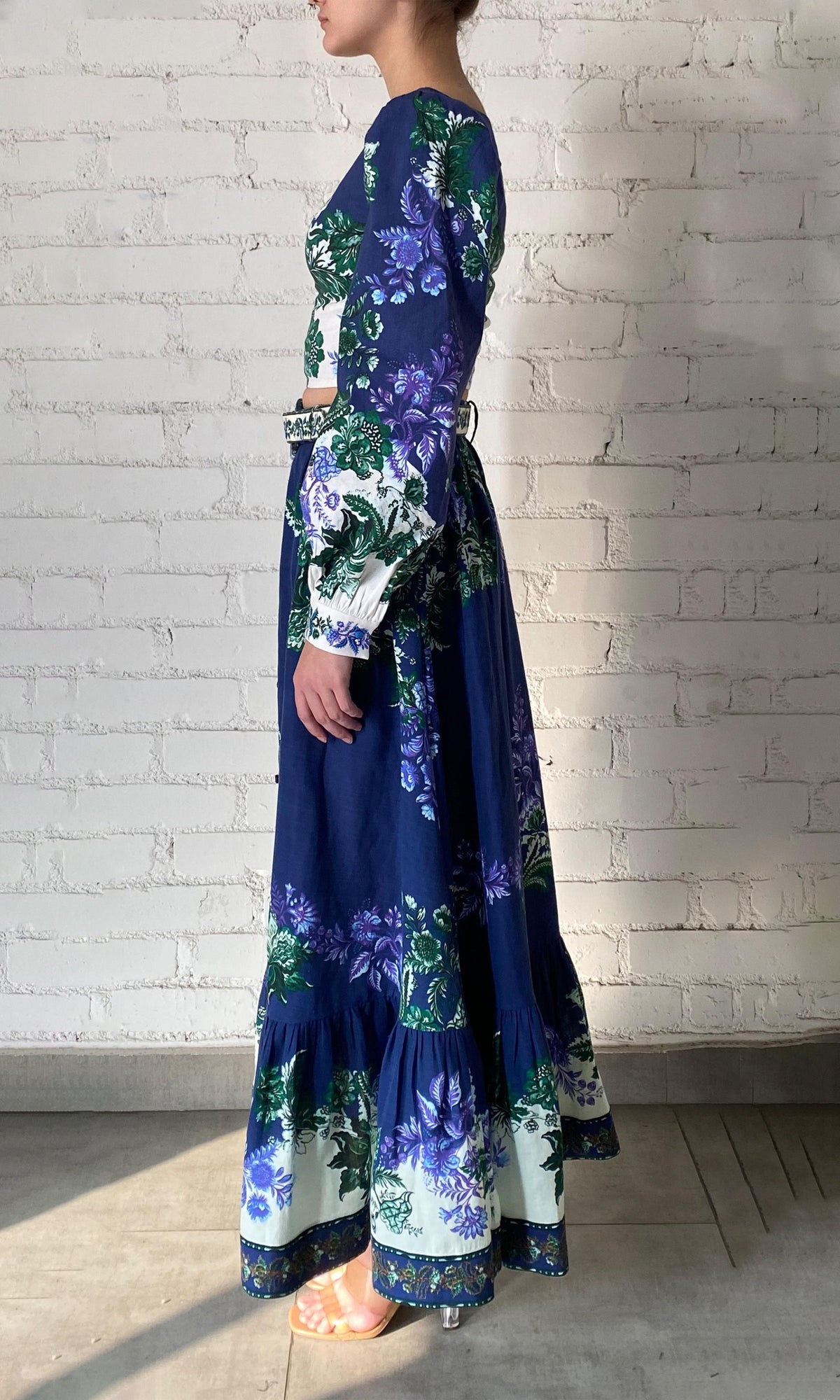 Hemant And Nandita | Keva Linen Cotton Long Skirt With Buckle Belt | Green Blue
