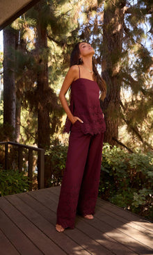 Womens | Mahi Cotton Schiffly High Slit Top | Burgundy
