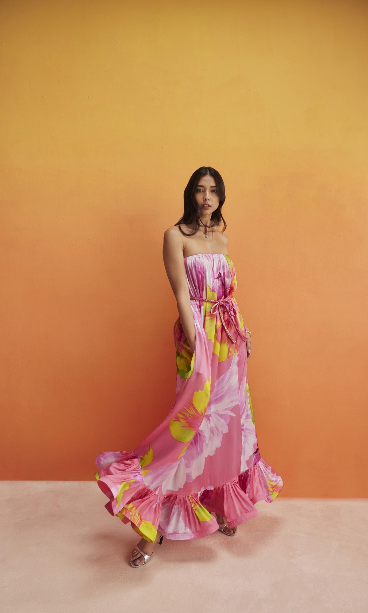Hemant And Nandita | Mina Viscose Satin Long Dress With Braided Belt | Pink Floral