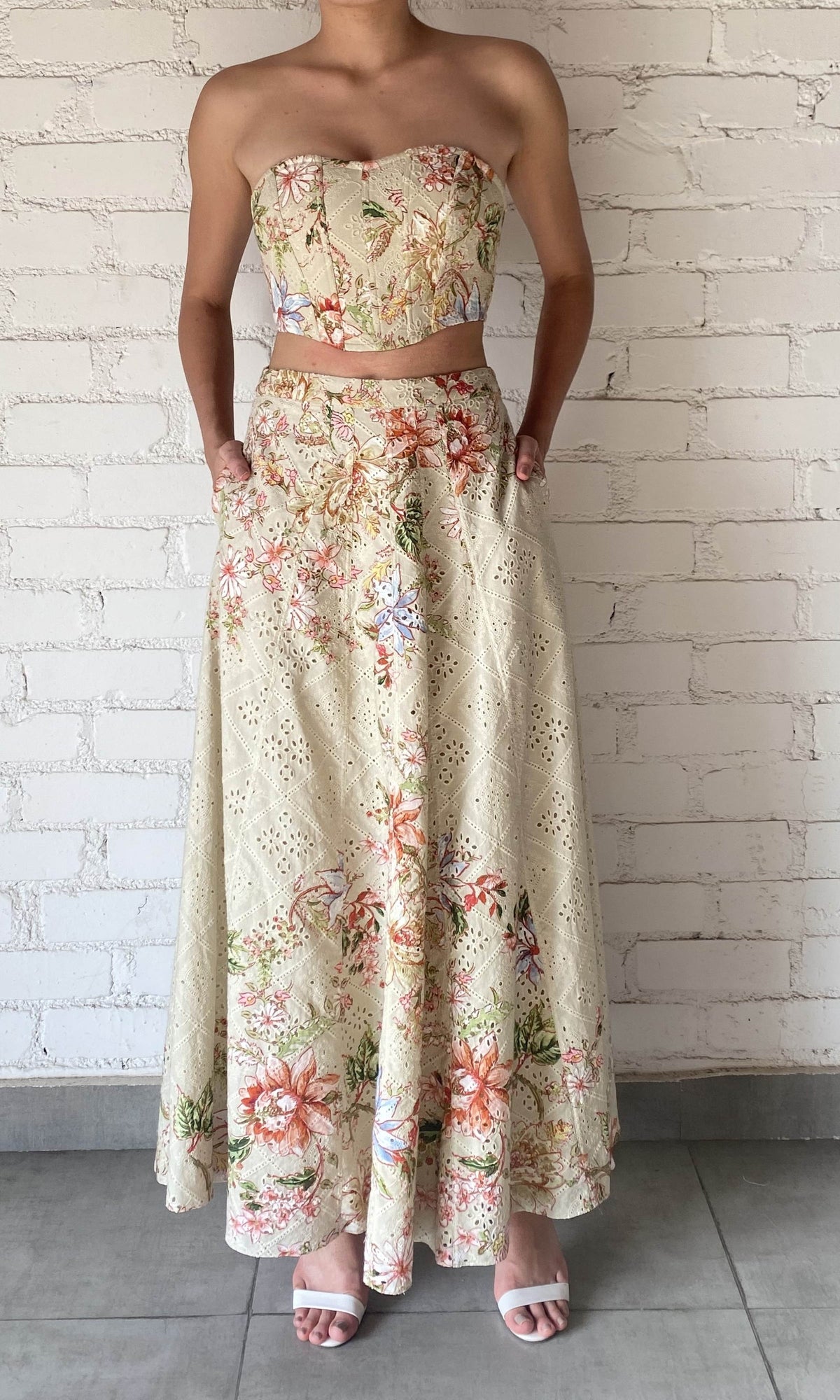 Womens | Nava Cotton Schiffli Long Skirt | Soft Beige