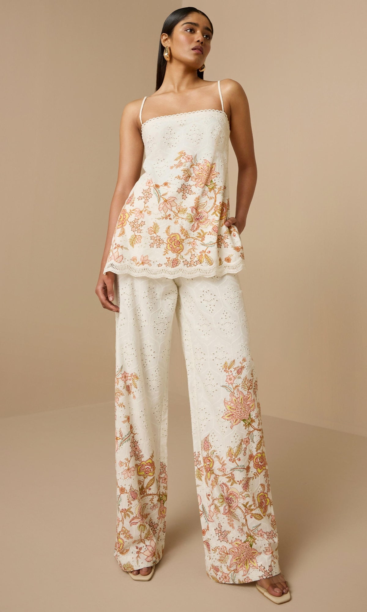 Womens | Niti Cotton Schiffli Straight Pants | White Floral
