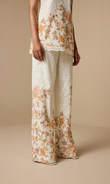 Womens | Niti Cotton Schiffli Straight Pants | White Floral
