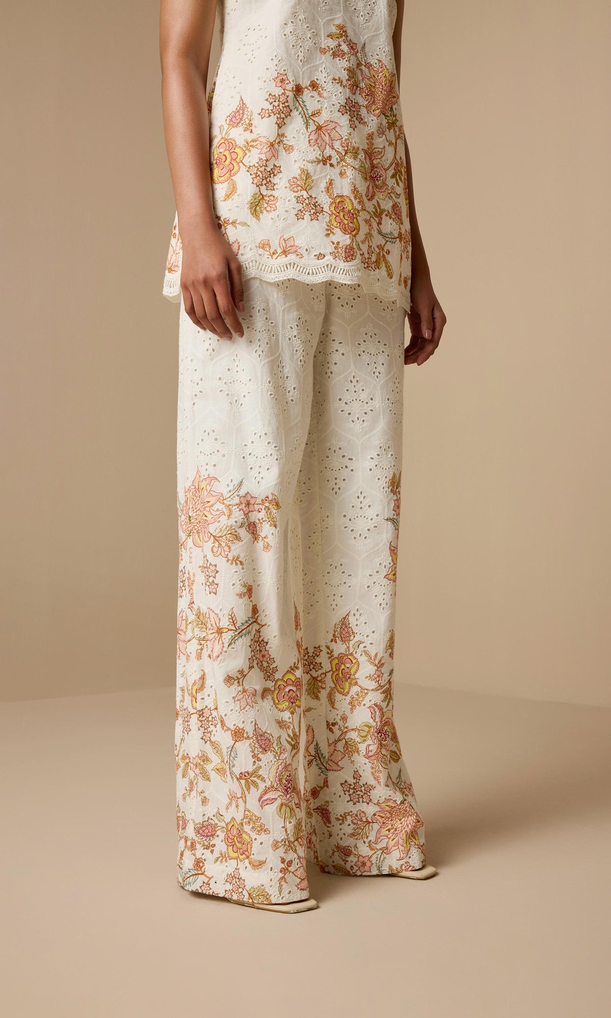 Womens | Niti Cotton Schiffli Straight Pants | White Floral