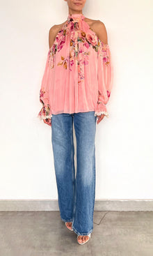 Hemant And Nandita | Niva Viscose Flat Chiffon Neck Tie Detail Top | Pink Floral