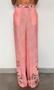Womens | Niva Viscose Crepe Heavy + Flat Chiffon Straight Pants | Pink Floral