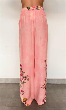 Womens | Niva Viscose Crepe Heavy + Flat Chiffon Straight Pants | Pink Floral