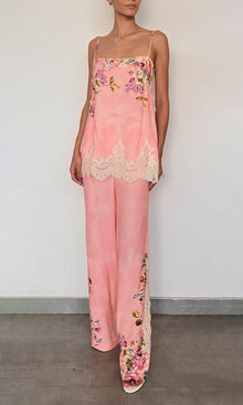 Womens | Niva Viscose Crepe Heavy + Flat Chiffon Straight Pants | Pink Floral