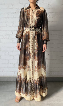Hemant And Nandita | Omya Viscose Georgette Stripe Lurex Long Shirt Dress With Buckle Belt | Beige/Orange