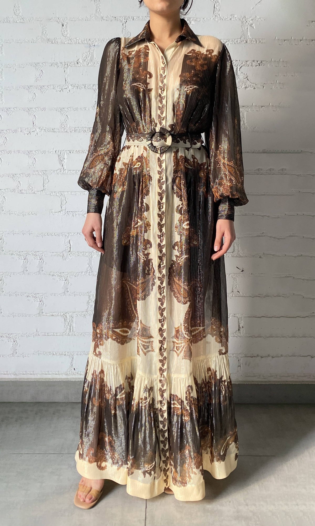 Hemant And Nandita | Omya Viscose Georgette Stripe Lurex Long Shirt Dress With Buckle Belt | Beige/Orange