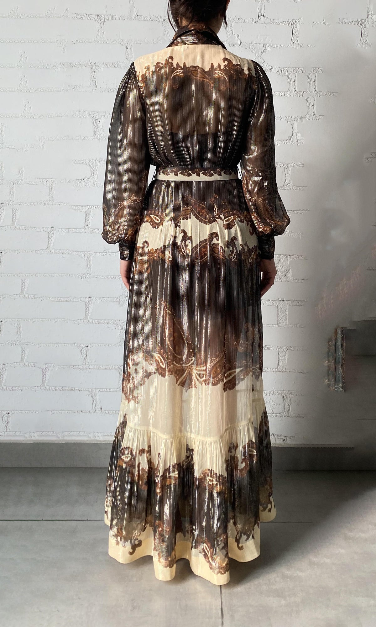Hemant And Nandita | Omya Viscose Georgette Stripe Lurex Long Shirt Dress With Buckle Belt | Beige/Orange