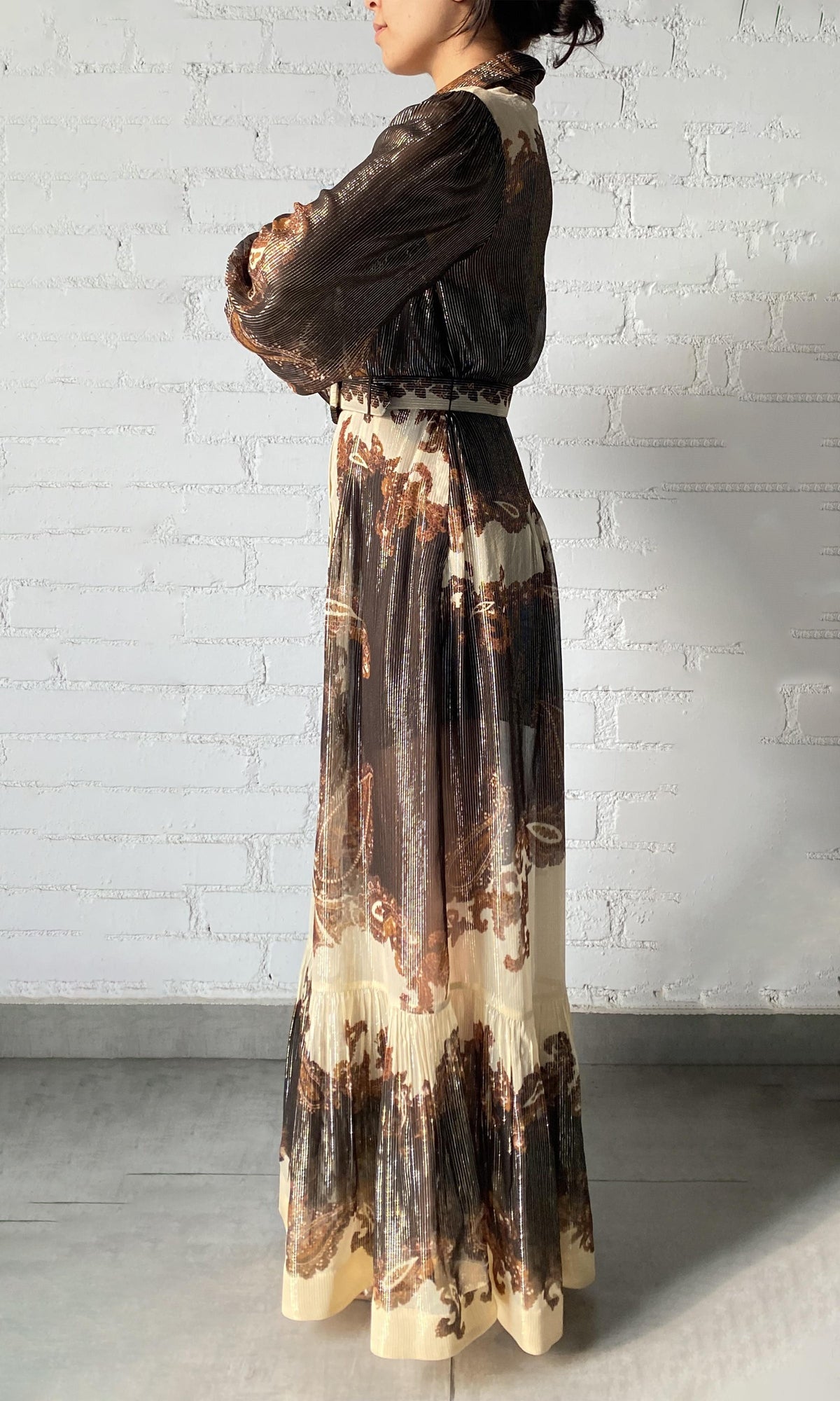 Hemant And Nandita | Omya Viscose Georgette Stripe Lurex Long Shirt Dress With Buckle Belt | Beige/Orange