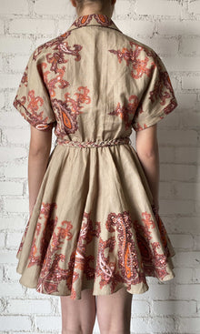 Hemant And Nandita | Omya Linen Cotton Short Dress With Tie Up Belt | Beige/Orange Multi