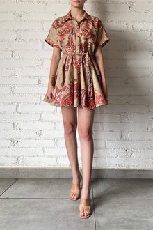 Collared Button-Down Short Sleeve Short Dress | Beige/Orange Mix