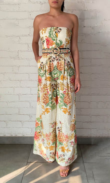 Hemant And Nandita | Pahi Cotton Schiffly Jumpsuit With Buckle Belt | Black Offwhite Floral
