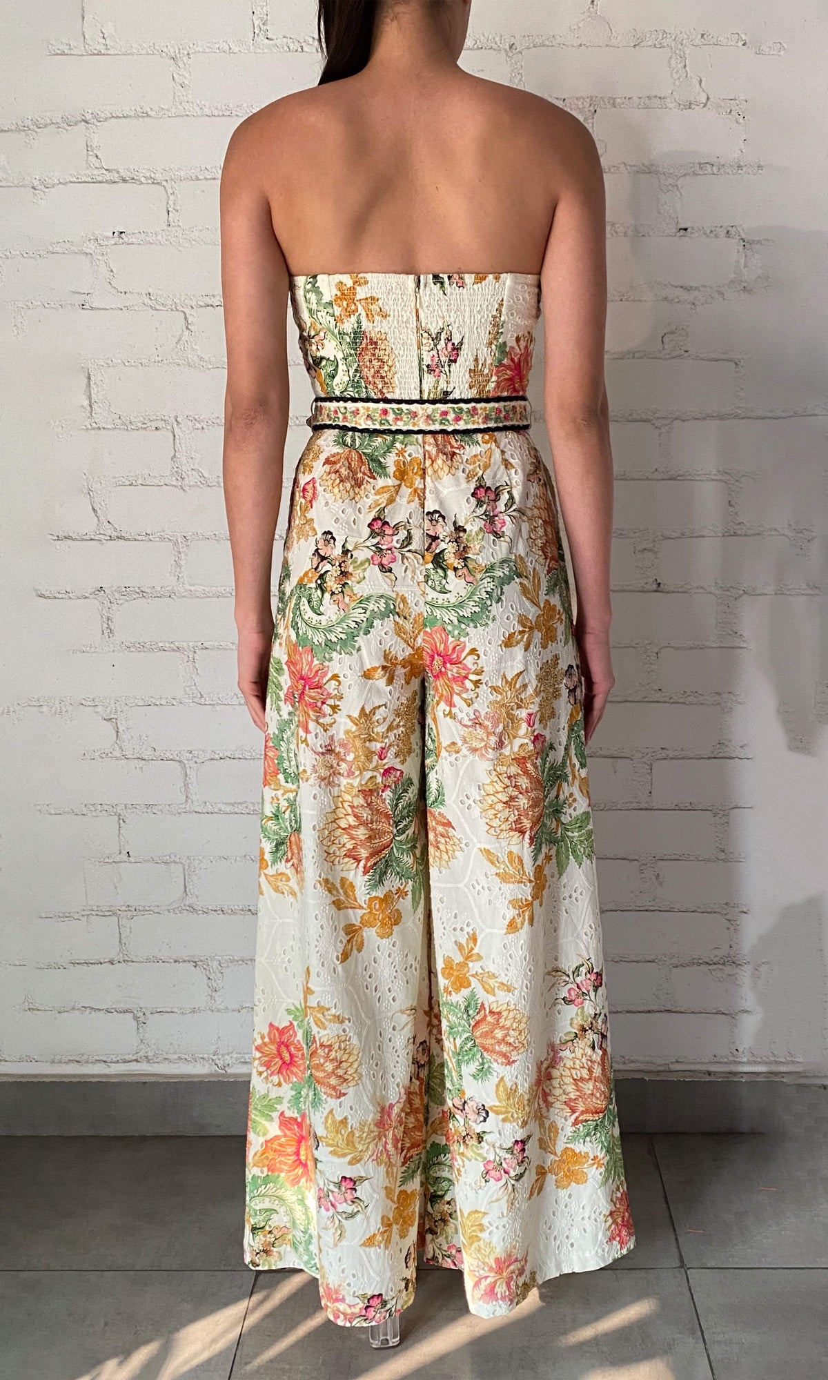 Hemant And Nandita | Pahi Cotton Schiffly Jumpsuit With Buckle Belt | Black Offwhite Floral