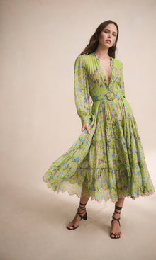 Hemant And Nandita | Rhea Viscose Georgette Gold Silver Striped Lurex Midi Dress With Buckle Belt And Slip | Pear Green