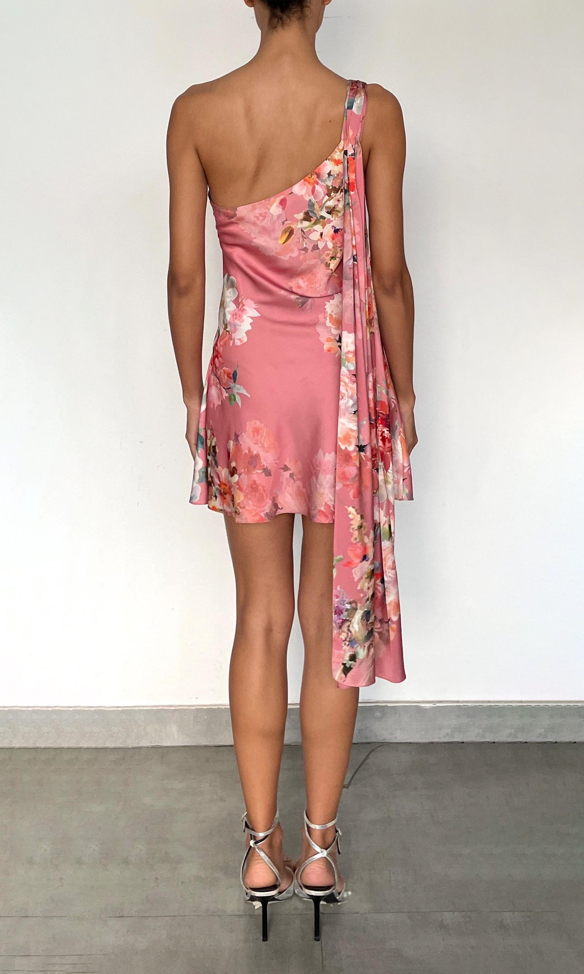Hemant And Nandita | Saba Polyester Satin Lycra One Shoulder Short Dress | Peach Floral