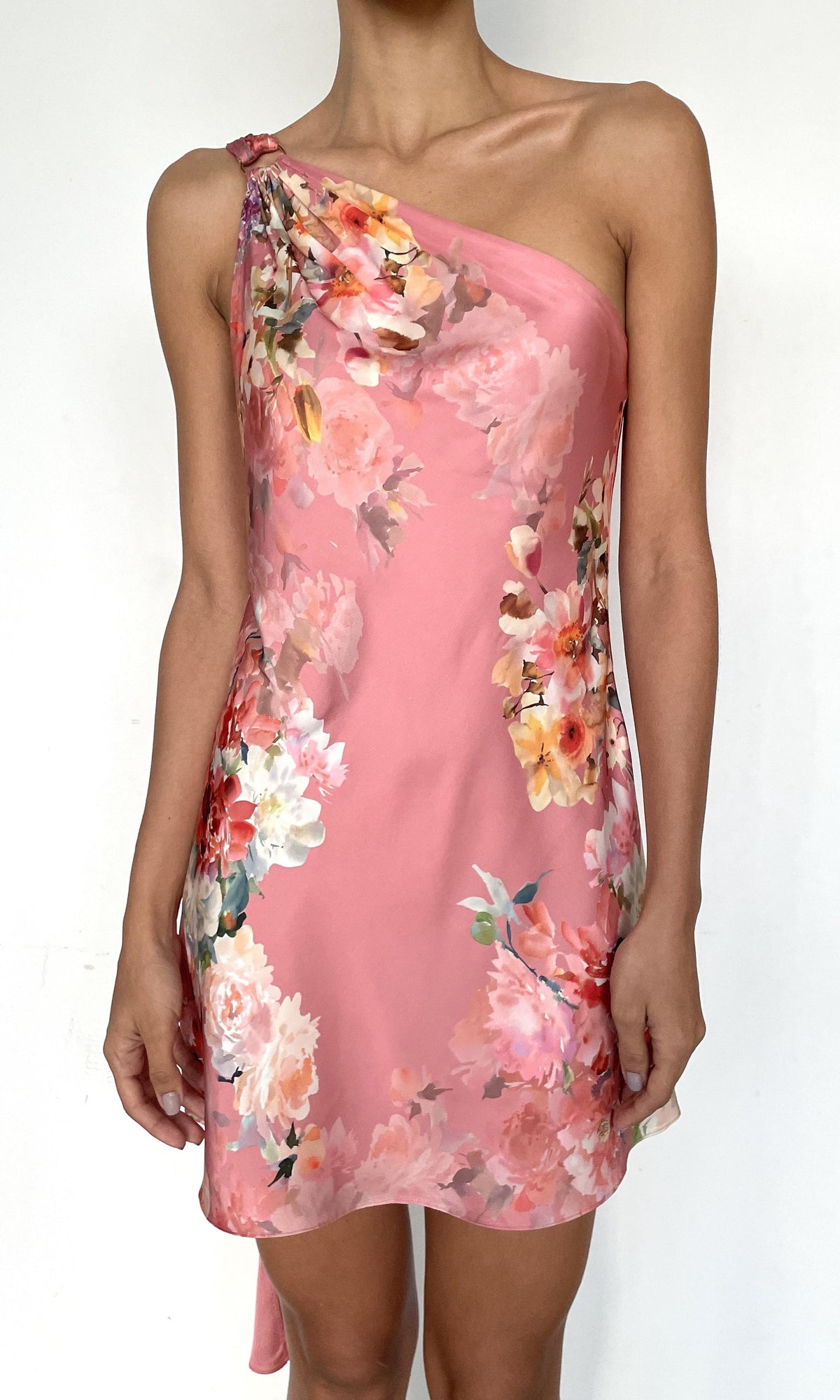 Hemant And Nandita | Saba Polyester Satin Lycra One Shoulder Short Dress | Peach Floral