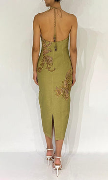 Hemant And Nandita | Sakhi Linen Cotton Midi Dress | Olive