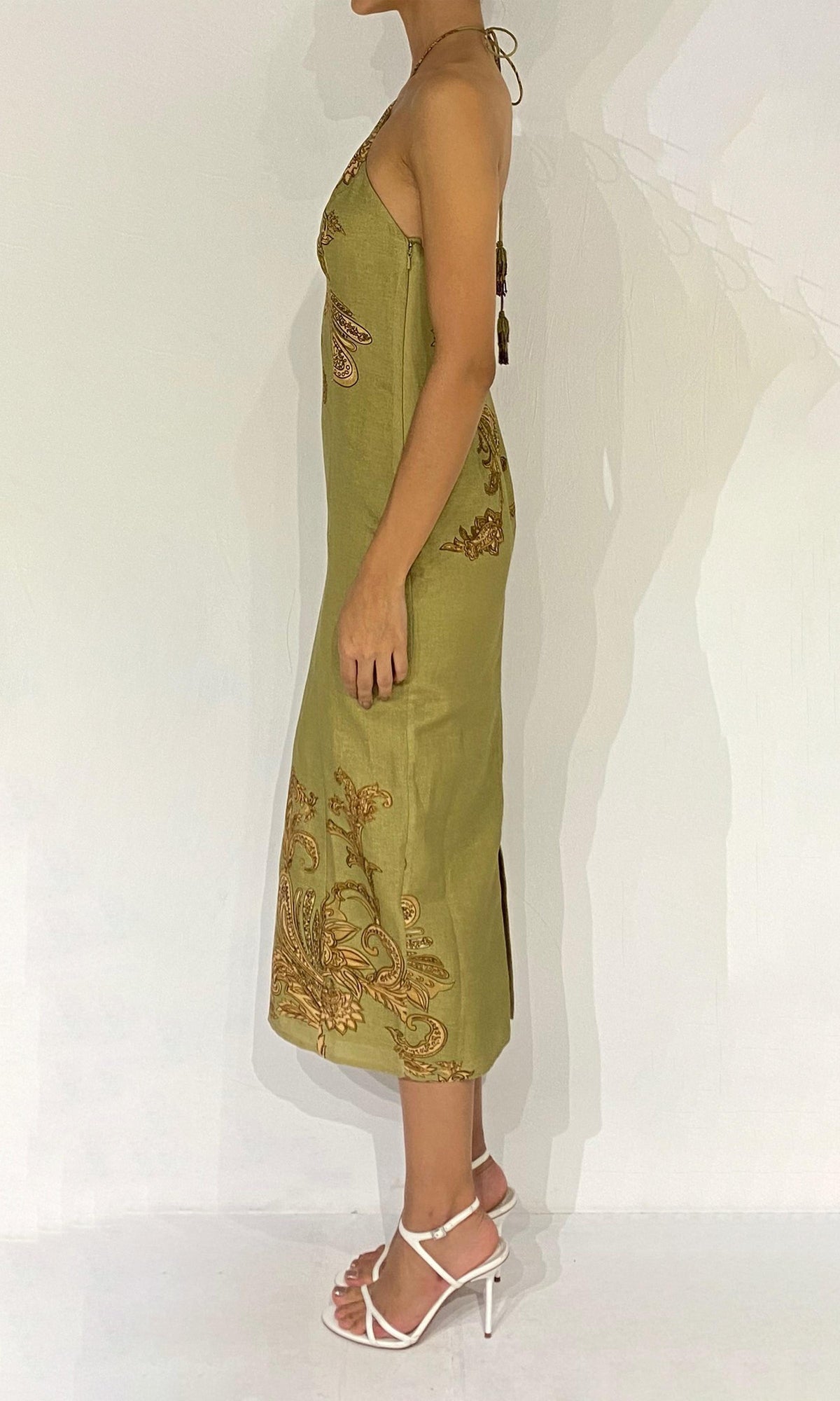 Hemant And Nandita | Sakhi Linen Cotton Midi Dress | Olive