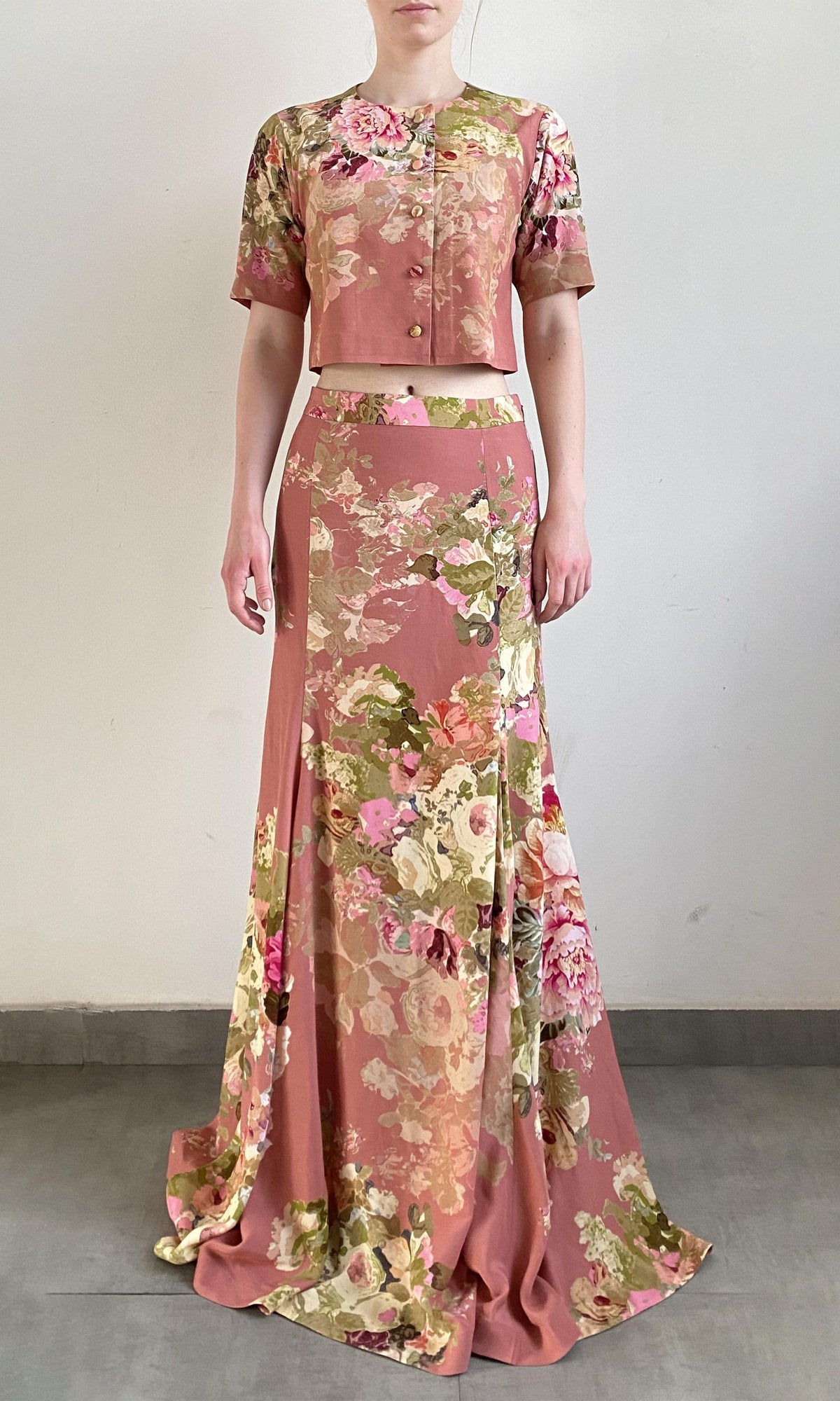 Womens | Sama Polyester Crepe Crop Top | Peach Floral
